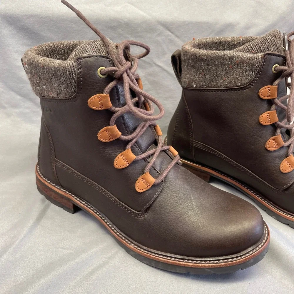 LL Bean Stonington Boots Women 8.5 Dark Brown Leather Sweater Fleece Knit TEK2.5